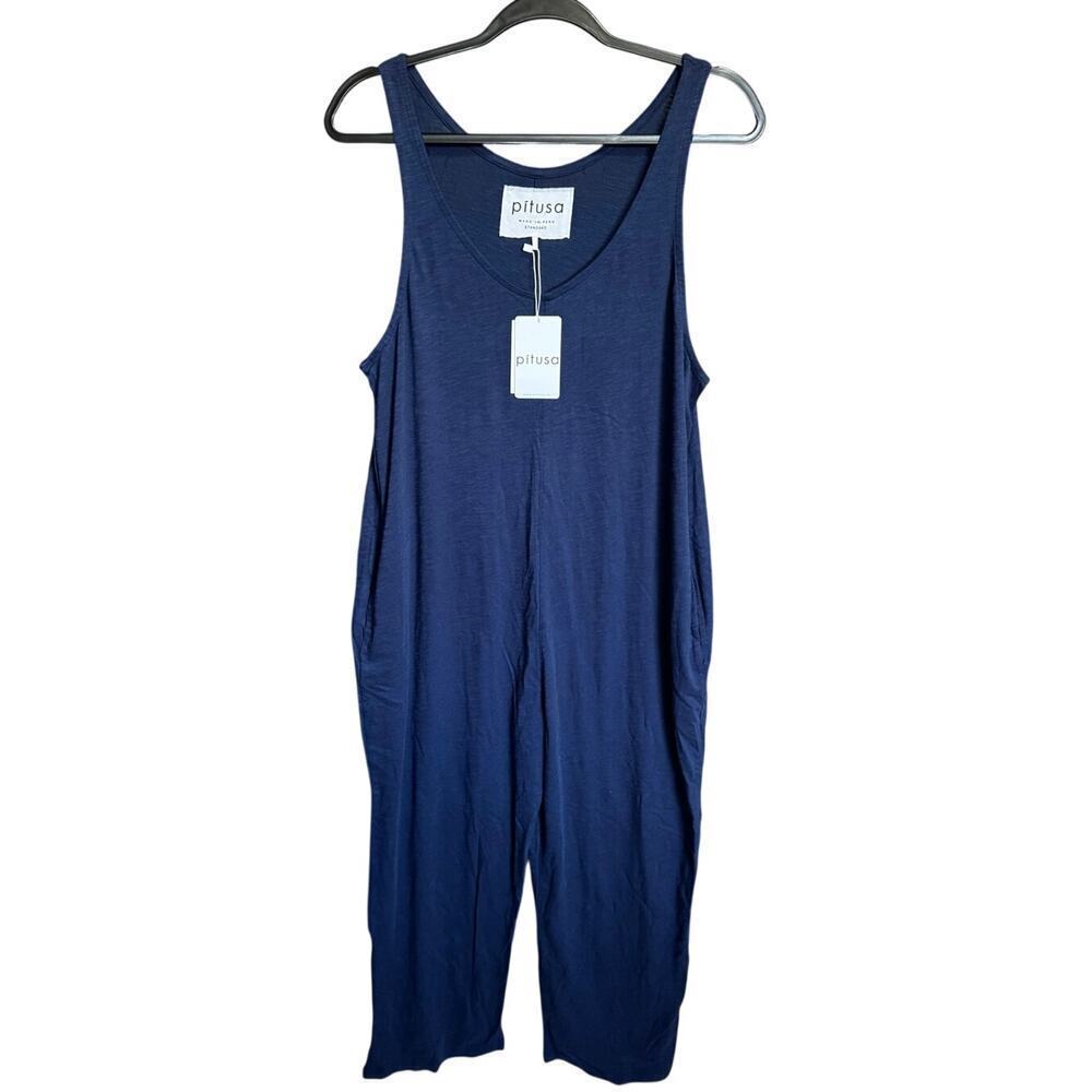 Pitusa Basic Pima Cotton Sleeveless Jumpsuit Wide Leg Navy Size Standard NWT - Picture 2 of 9
